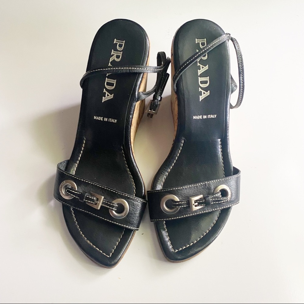Prada | Black ankle leather strap cork Wedges 37